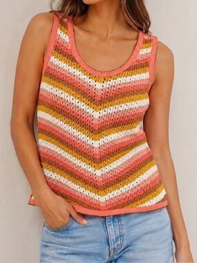 Tribal Jeans Striped Crochet Tank Top in Coral, Mustard & White